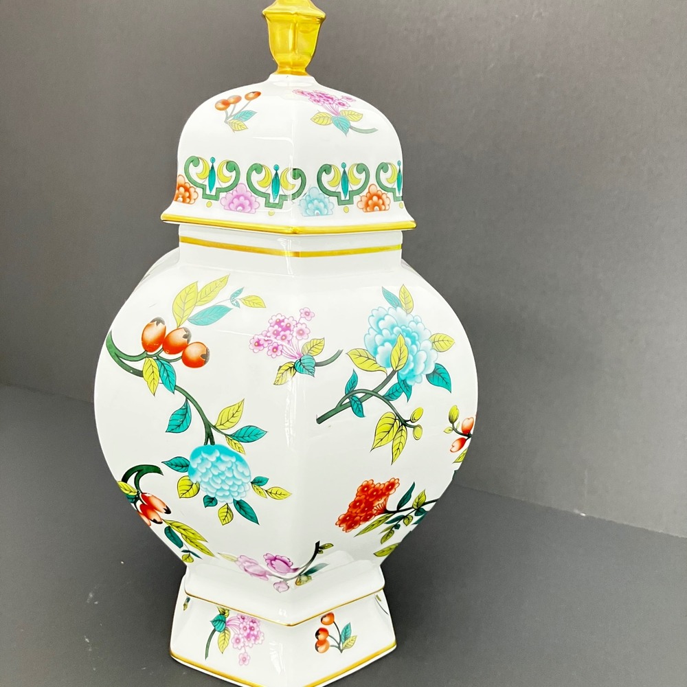 Royal Charlottenburg Bavaria Germany Floral Hexagonal Ginger Jar Gold Trim 10.5"
